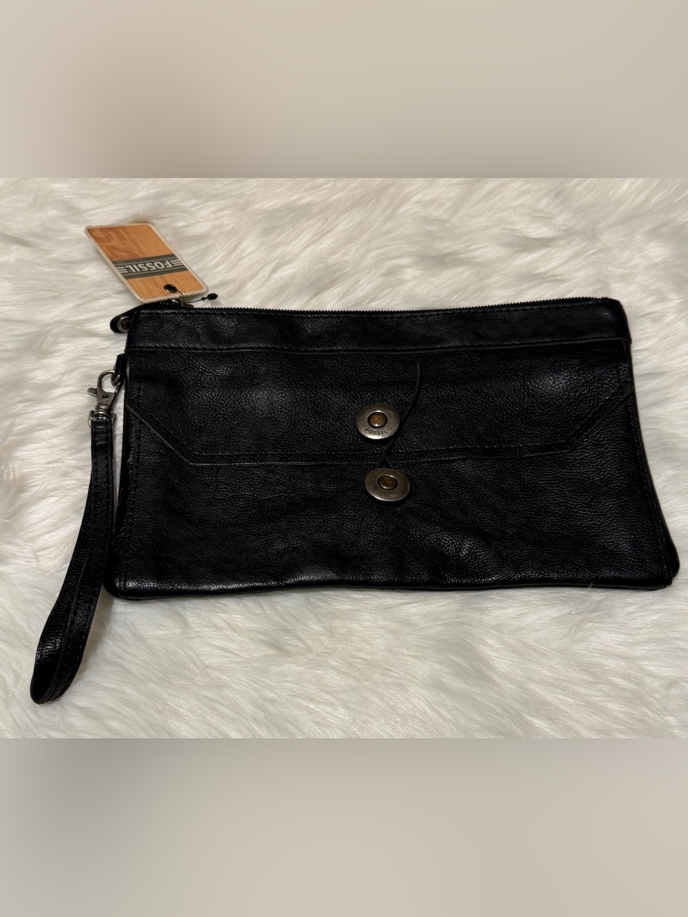 Fossil NWT Black Leather Zip Wristlet with Button Detail
